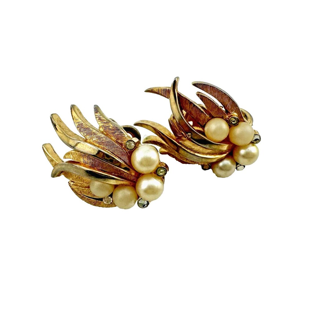 Vintage Crown Trifari Faux Pearl Rhinestone Leaf Clip Earrings Brushed Gold Tone